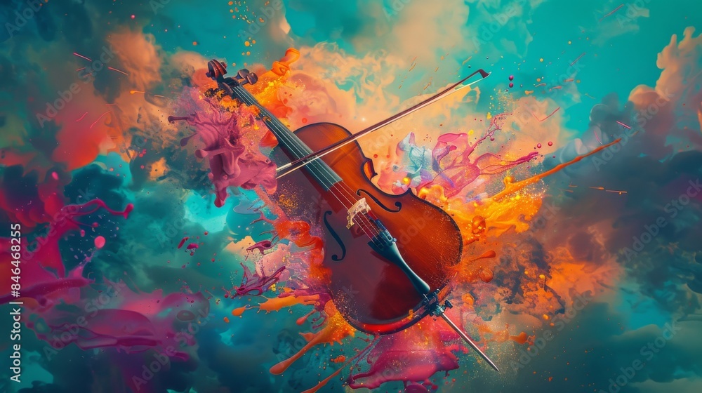 An artistic representation of a violin surrounded by explosive and vividly colored paint splatters An artistic representation of a violin surrounded by explosive and vividly colored paint splatters