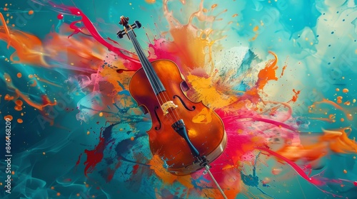 A vibrant explosion of colors enveloping a violin, symbolizing a fusion of music and visual arts