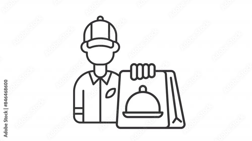 Animated delivery guy icon. Takeout meal line animation. Food order shake. Plain hamburger slicing. Black illustration on white background. HD video with alpha channel. Motion graphic Animated delivery guy icon. Takeout meal line animation. Food order shake. Plain hamburger slicing. Black illustration on white background. HD video with alpha channel. Motion graphic