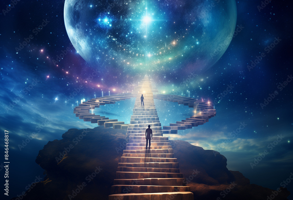 A person is climbing an endless staircase leading to the sky, with galaxies and stars in the background, symbolizing dreams reaching beyond reality. Representing infinite possibilities
