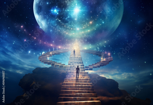 Obraz na płótnie A person is climbing an endless staircase leading to the sky, with galaxies and stars in the background, symbolizing dreams reaching beyond reality. Representing infinite possibilities w salonie