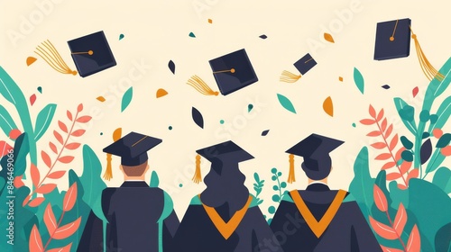 A stylized vector illustration shows graduates tossing their caps, celebrating the culmination of their academic achievement