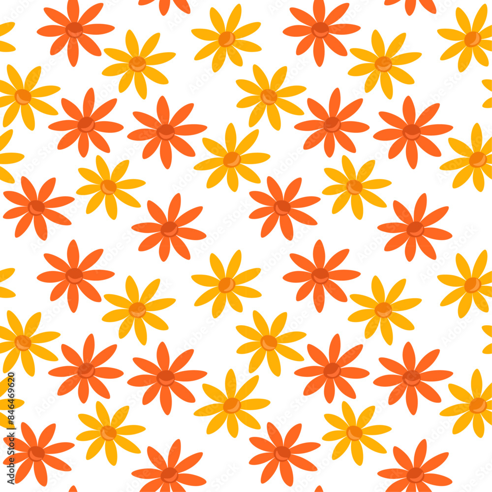 Seamless vector floral pattern of scattered yellow and orange flowers on a white background, decorative textile print, wallpaper, wrapping paper. Seamless vector floral pattern of scattered yellow and orange flowers on a white background, decorative textile print, wallpaper, wrapping paper.