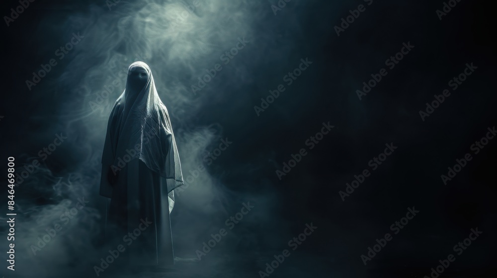 Mysterious Figure in White Cloak Standing in Dark Smoky Atmosphere, Eerie and Haunting Scene with Dramatic Lighting and Shadows Mysterious Figure in White Cloak Standing in Dark Smoky Atmosphere, Eerie and Haunting Scene with Dramatic Lighting and Shadows