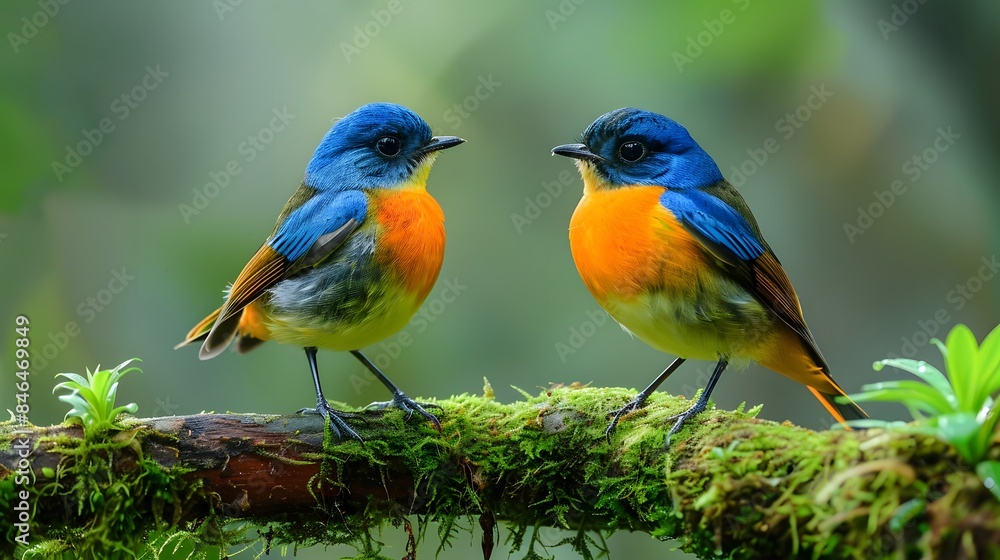 Two colorful birds perched on mossy branches, one of them with blue and orange feathers, against the backdrop of lush greenery, symbolizing nature's beauty. Two colorful birds perched on mossy branches, one of them with blue and orange feathers, against the backdrop of lush greenery, symbolizing nature's beauty.
