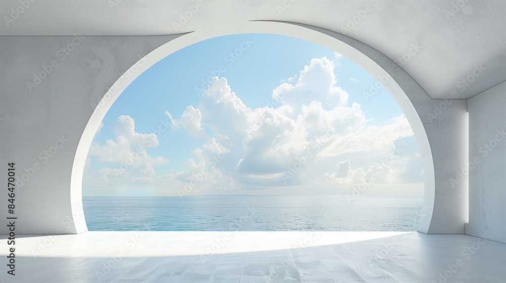 Surrealistic Interior Space with White Cloud Architecture and Circular windows overlooking Sea and Sky. Symmetrical Design, High Contrast Lighting, Ultra-Realistic C4D Rendering Surrealistic Interior Space with White Cloud Architecture and Circular windows overlooking Sea and Sky. Symmetrical Design, High Contrast Lighting, Ultra-Realistic C4D Rendering