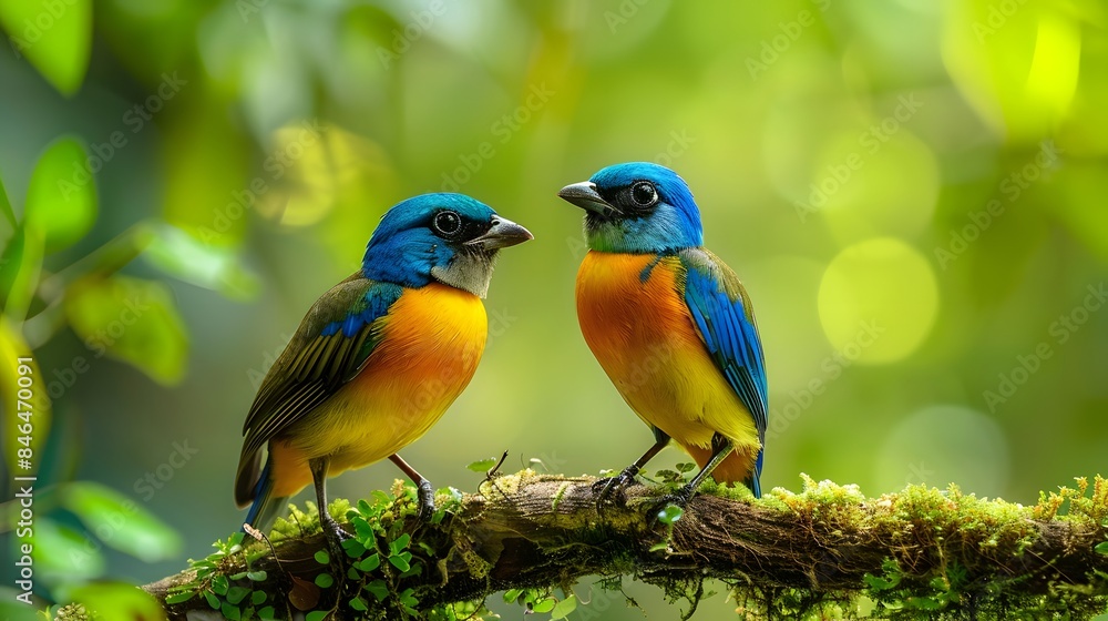 Two colorful birds perched on mossy branches, one of them with blue and orange feathers, against the backdrop of lush greenery, symbolizing nature's beauty. Two colorful birds perched on mossy branches, one of them with blue and orange feathers, against the backdrop of lush greenery, symbolizing nature's beauty.