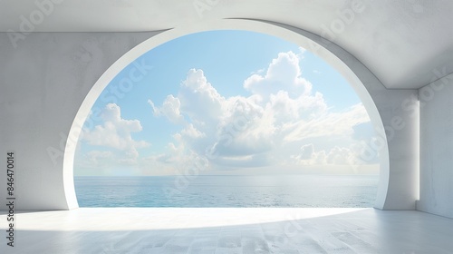Surrealistic Interior Space with White Cloud Architecture and Circular windows overlooking Sea and Sky. Symmetrical Design, High Contrast Lighting, Ultra-Realistic C4D Rendering © Lucy