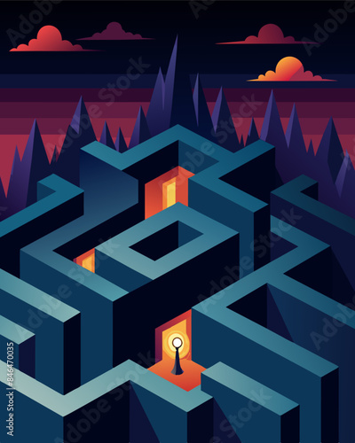 The only source of light in the maze comes from faint glimpses of hope and selfawareness but they are quickly snuffed out by the shifting walls and deceptive paths.. Vector illustration