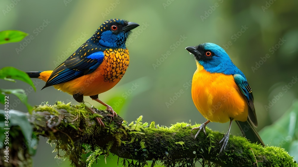 Two colorful birds perched on mossy branches, one of them with blue and orange feathers, against the backdrop of lush greenery, symbolizing nature's beauty. Two colorful birds perched on mossy branches, one of them with blue and orange feathers, against the backdrop of lush greenery, symbolizing nature's beauty.
