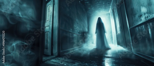 Eerie Ghostly Figure in Abandoned Hallway with Mysterious Light and Fog - Spooky Atmosphere Perfect for Halloween and Horror Themes photo