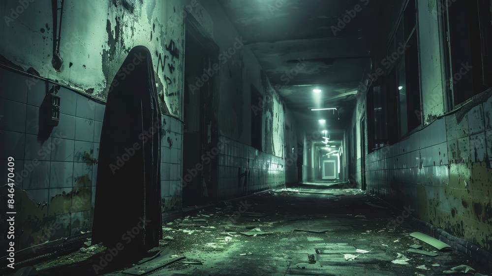 Eerie Abandoned Corridor with Dim Lighting and Peeling Paint in a Dilapidated Building, Capturing a Haunting Atmosphere of Decay and Neglect Eerie Abandoned Corridor with Dim Lighting and Peeling Paint in a Dilapidated Building, Capturing a Haunting Atmosphere of Decay and Neglect