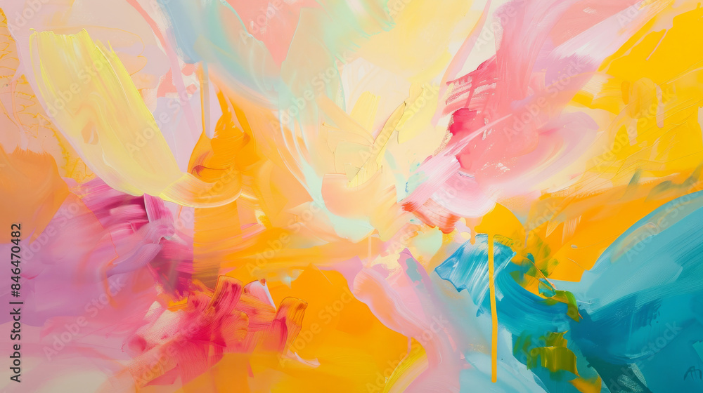 Vibrant abstract swirls of yellow, pink, and blue blend together in an energetic and colorful explosion of paint strokes.