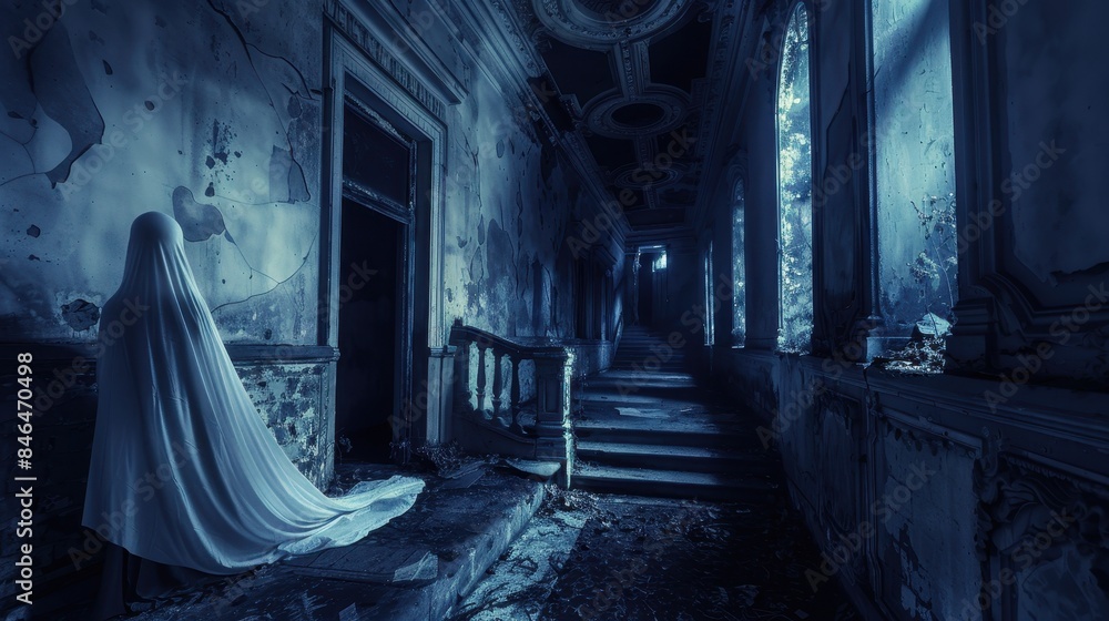 Eerie Abandoned Building with Ghostly Figure in Long White Cloth in Dark, Mysterious Hallway with Crumbling Walls and Stairs, Illuminated by Moonlight Eerie Abandoned Building with Ghostly Figure in Long White Cloth in Dark, Mysterious Hallway with Crumbling Walls and Stairs, Illuminated by Moonlight