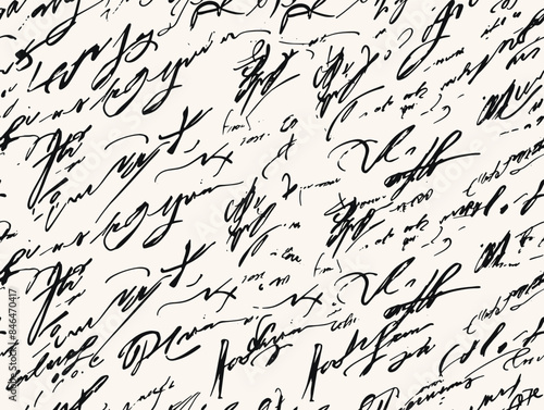 Perfectly seamless pattern, vector repeated abstract letter text texture. Unreal calligraphy background, black and white handwritten monochrome wallpaper, fictional lettering.