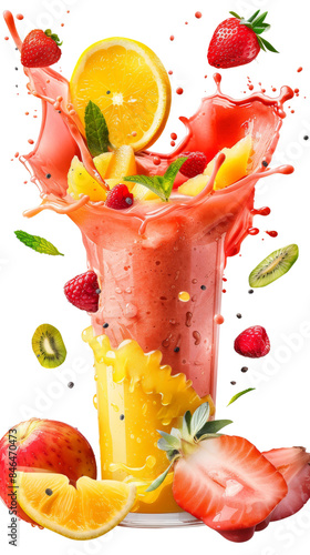 Vibrant fruit smoothie splash featuring strawberries, kiwi, and orange slices, capturing a fresh and healthy summer vibe.