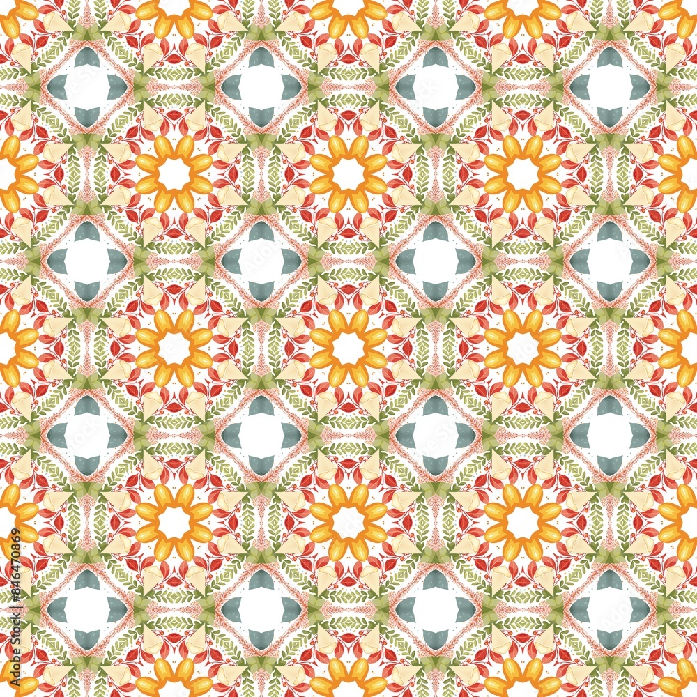 Seamless geometric pattern with vibrant colors and symmetrical shapes. Seamless geometric pattern with vibrant colors and symmetrical shapes.
