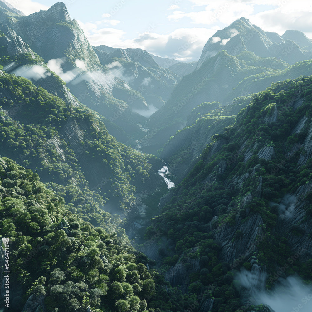 AI generated illustration of a majestic mountain range covered in dense