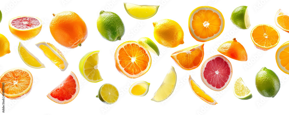 A vibrant assortment of sliced citrus fruits including oranges, lemons, limes, and grapefruits isolated on a white background. A vibrant assortment of sliced citrus fruits including oranges, lemons, limes, and grapefruits isolated on a white background.