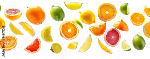 Obraz  z motywem A vibrant assortment of sliced citrus fruits including oranges, lemons, limes, and grapefruits isolated on a white background.