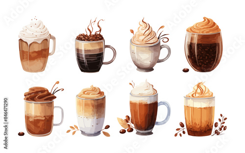 Watercolor illustration sketch coffee cup glass foam aroma grain clipart set