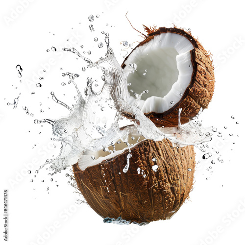 Close-up of a cracked open coconut with milk splashing out. Fresh, tropical, and refreshing concept image perfect for food and beverage projects.