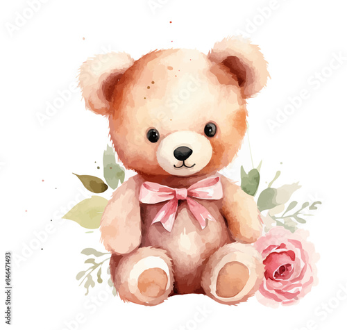 Watercolor Teddy Bear with pink rose clipart for graphic resources