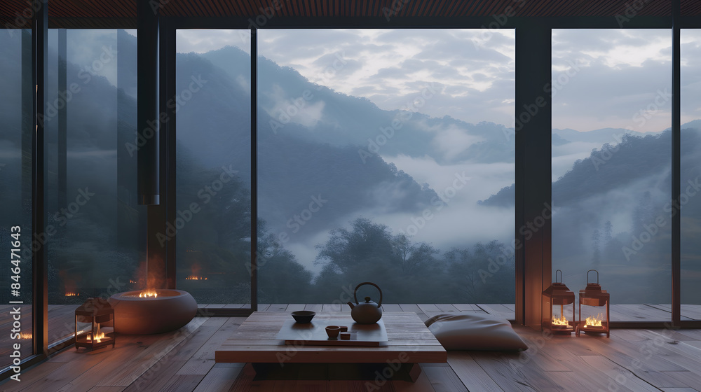 Fototapeta premium Serene Mountain View from a Modern Wooden Deck
