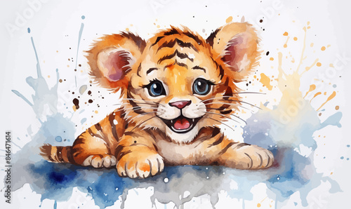 Watercolor illustration tiger cub lion cub stains splashes, children's cute cartoon room decor, photo wallpaper, print, poster, wall painting