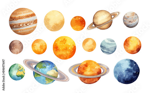 Watercolor vector illustration planet galaxy universe solar system stars set clipart sketch Mercury Venus Earth Mars Jupiter Saturn Uranus Neptune