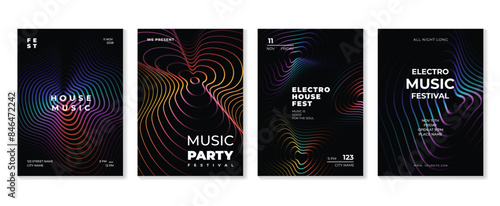 Music poster design background vector set. Electro Sound Cover template with vibrant abstract gradient line wave. Ideal design for social media, flyer, party, music festival, club. © TWINS DESIGN STUDIO