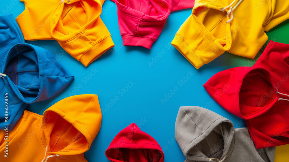An array of colorfully diverse hoodies, including red, yellow, blue, and grey, laid out in a circular pattern against a vivid blue background, exuding style and comfort. An array of colorfully diverse hoodies, including red, yellow, blue, and grey, laid out in a circular pattern against a vivid blue background, exuding style and comfort.