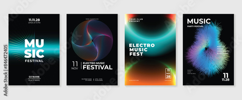 Music poster design background vector set. Electro Sound Cover template with vibrant abstract gradient line wave and halftone. Ideal design for social media, flyer, party, music festival, club.