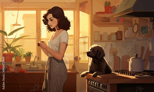 Woman in kitchen with dog pet illustration background