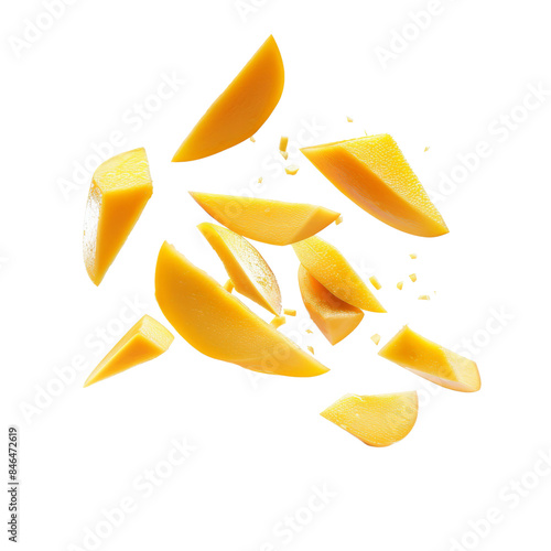 High-quality image of perfectly sliced mango pieces falling against white background, showcasing fresh tropical fruit.