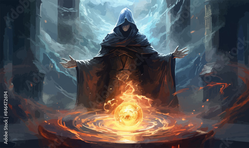 sorcerer with mystical robes in a magical realm casting spells illustration