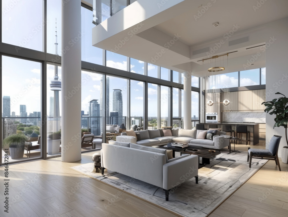 Fototapeta premium A spacious luxury apartment with floor-to-ceiling windows offering a stunning cityscape, modern furniture, and an open-concept design. Luxury High-Rise Apartment with City View