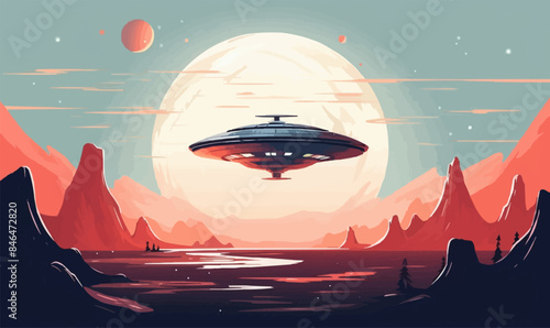 space ship on unknown planet orbit vector flat isolated illustration