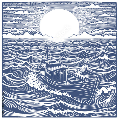 Fishing schooner in the ocean, vector