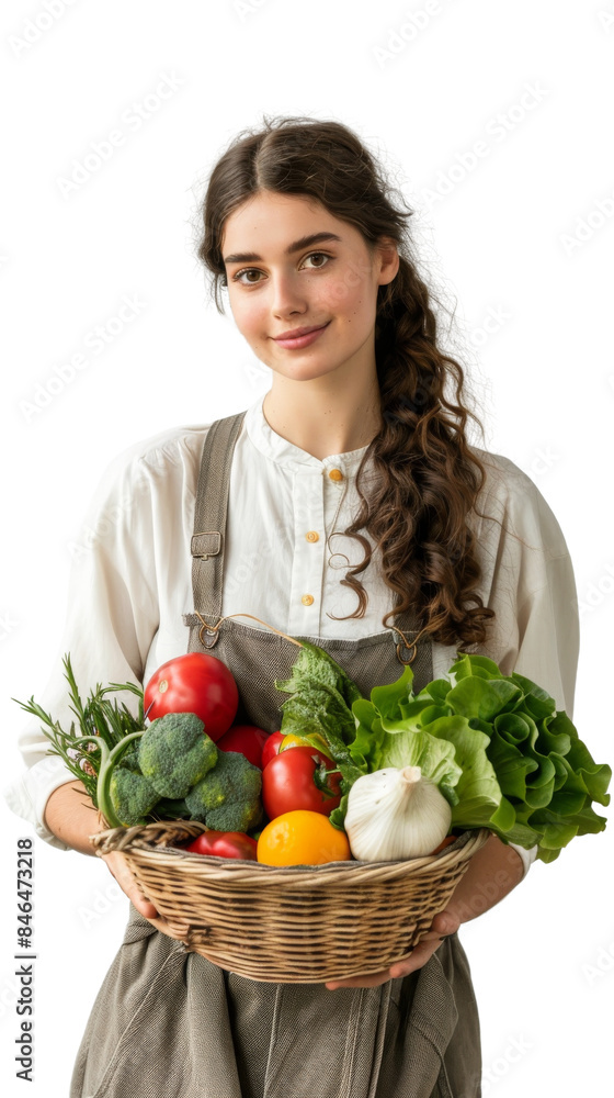 Smiling woman holding a basket of fresh vegetables including tomatoes, lettuce, broccoli, and garlic in a white background. Smiling woman holding a basket of fresh vegetables including tomatoes, lettuce, broccoli, and garlic in a white background.