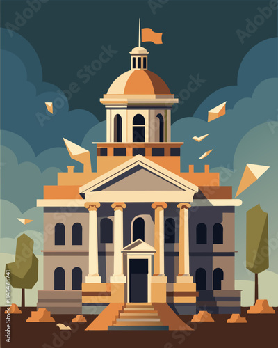 The once grand city hall now stands as a dilapidated building with broken windows and crumbling pillars.. Vector illustration