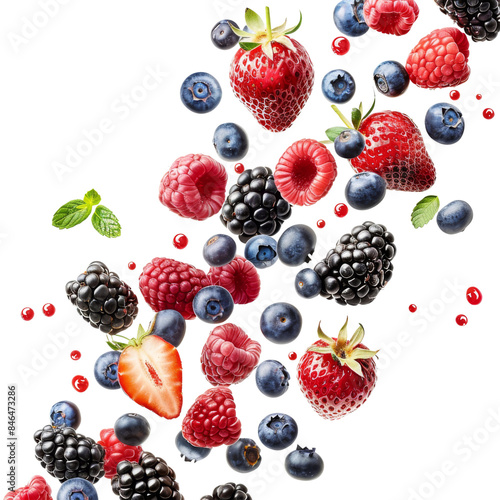 Vibrant, fresh assorted berries including strawberries, blueberries, raspberries, and blackberries against a white background.