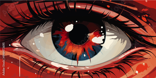 Anime face with red eyes from cartoon. Web banner for anime, manga vector flat bright colors