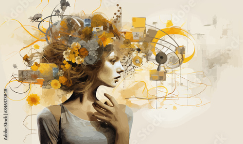 Artistic collage of the thought process and generating new creative ideas that are contemporary and abstract.