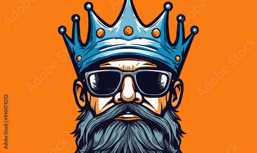 bearded man with crown and glasses, hip hop style hipster beard king vector