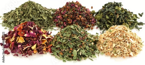 Assorted dried herbs and flowers forming a colorful and captivating background display