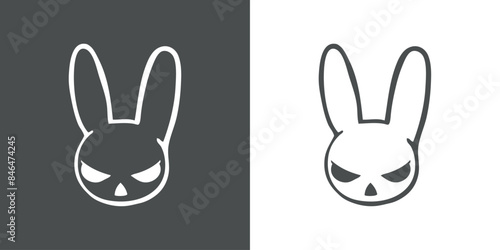 Logo con emoticono de conejo para invitaciones y tarjetas de Halloween o Pascua. Cara de conejo con expresión enojada como personaje emoji	