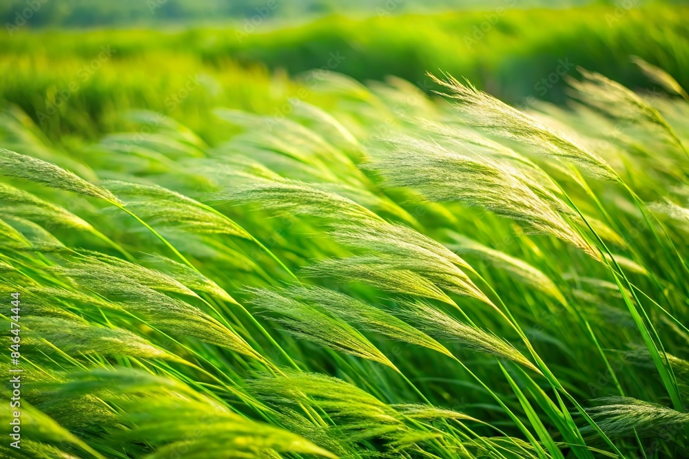 green tall grass meadow field swaying in wind. Morning light background green tall grass meadow field swaying in wind. Morning light background
