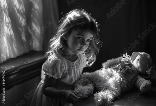 Black and white portrait of a young girl with a doll, illuminated by soft window light