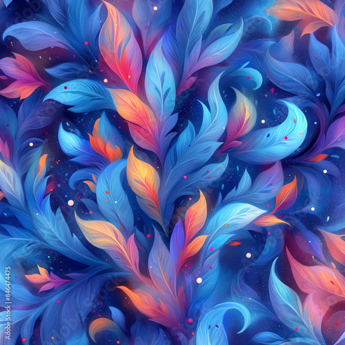 Vibrant Abstract Feather Pattern in Blue and Orange, Digital Art Illustration with Fluid Flowing Leaves and Starry Background